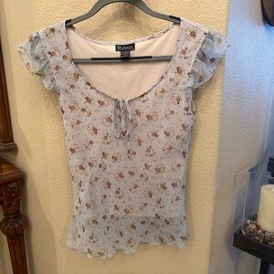 Vintage G-DRESSES Light Blue Y2K Cottagecore Romantic Floral Blouse Top Size 7